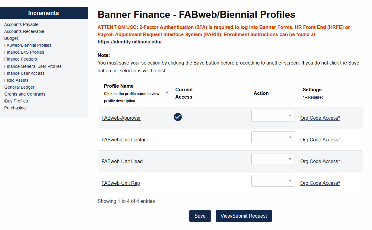 This is a screen shot of the Banner Finance - FAB web Biennial Proflies.