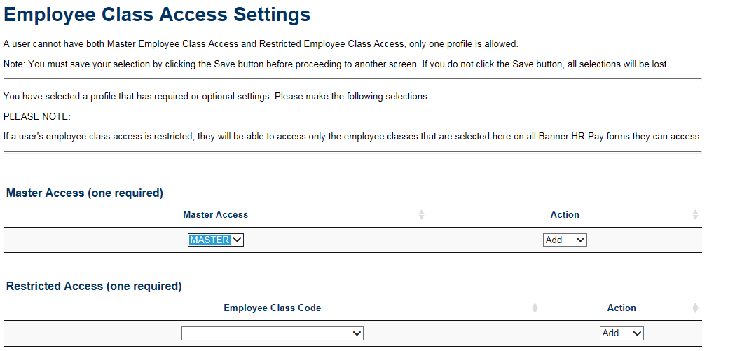 Employee Class Access Settings