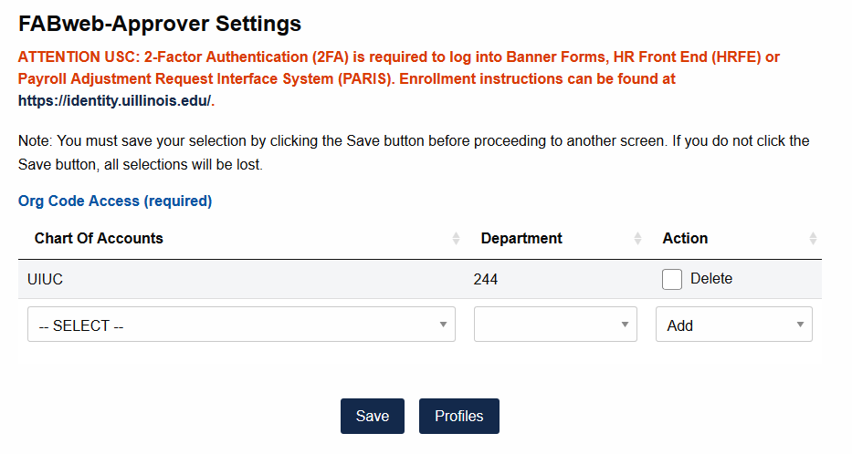 This is the FAB Web Approver Setting Screen